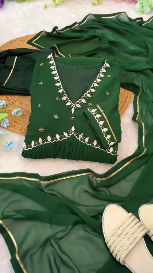Bottle Green Georgette Anarkali Kurta Set with Intricate Golden Embroidery on Neckline and Sleeves, Paired with Matching Solid Bottom and Embellished Dupatta Featuring Delicate Lace Border – Perfect for Festive and Traditional Occasions