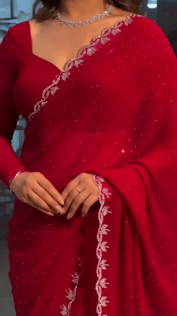 Red Georgette Saree with Intricate Stone Embellished Border and Matching Designer Blouse for Festive and Party Wear - Image 3