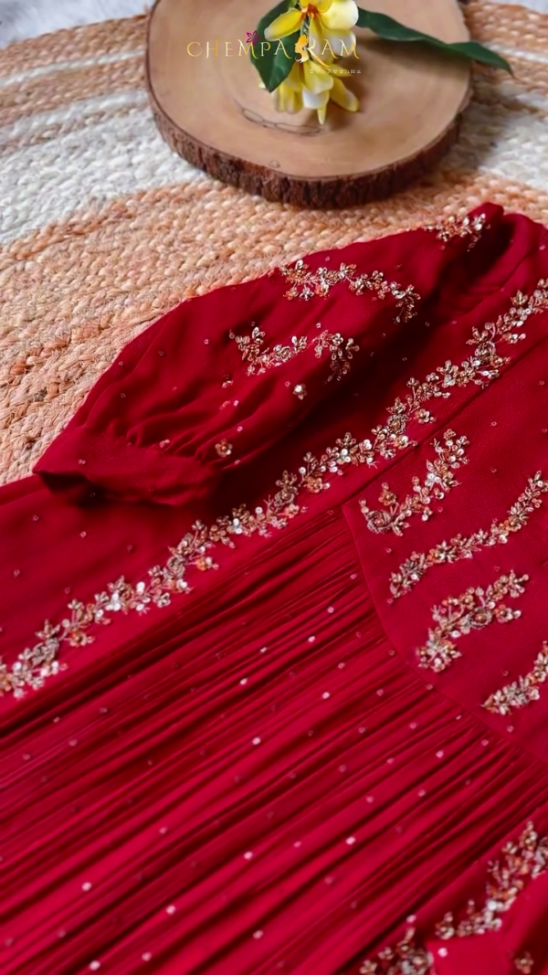 Maroon Hand-Embroidered Anarkali Dress with Intricate Floral Sequin Work, Pleated Detailing, and Full Sleeves – Designer Ethnic Wear by Chemparakam - Image 3