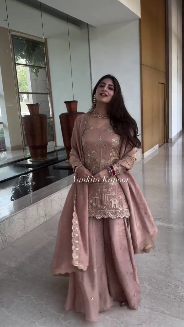 Dusty Rose Embroidered Sharara Set with Handcrafted Mirror Work, Scalloped Hem Kurti, Matching Dupatta, and Traditional Gold Detailing – Ideal for Festive and Wedding Occasions