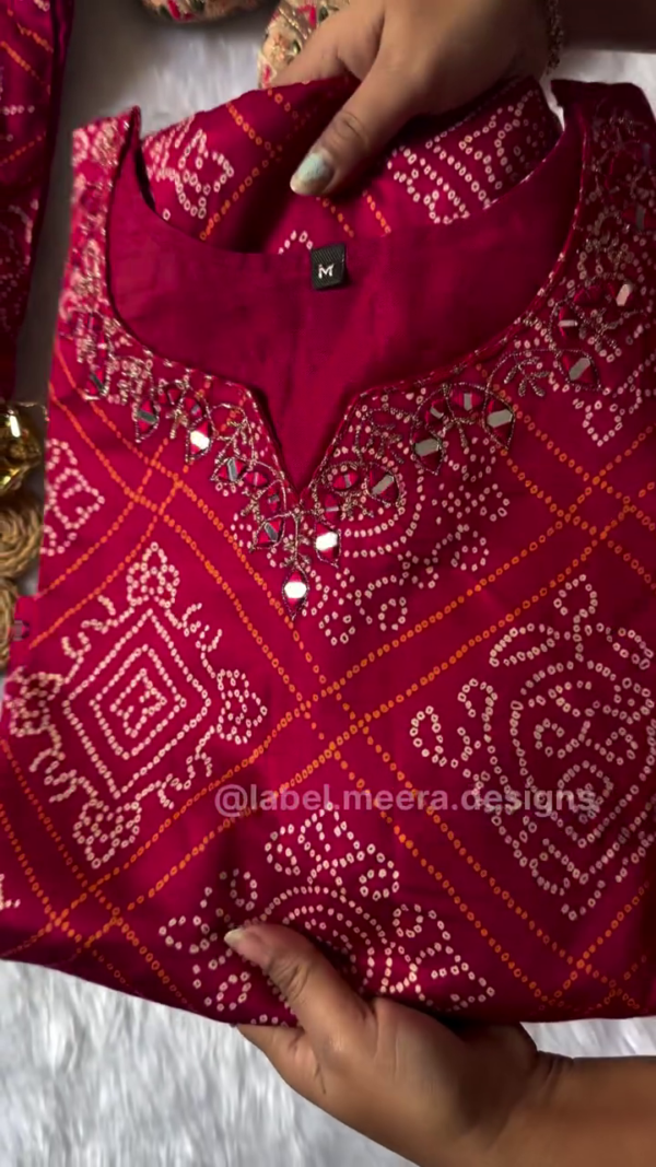 Pure Cotton Maroon Bandhani Printed Straight Kurta Set with Mirror Work Neck Detailing and Matching Bottom – Traditional Ethnic Ensemble Perfect for Festive and Casual Wear - Image 2