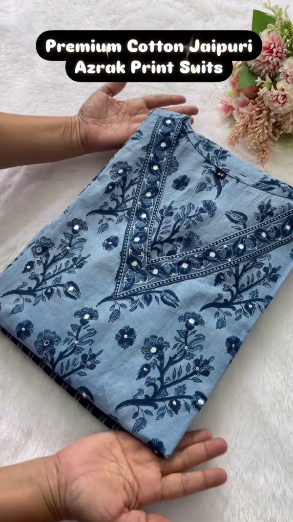 Premium Cotton Jaipuri Azrak Print Suit with Elegant Handcrafted Floral Design, Mirror Work Detailing, and Soft Comfortable Fabric for Everyday Ethnic Wear - Image 2