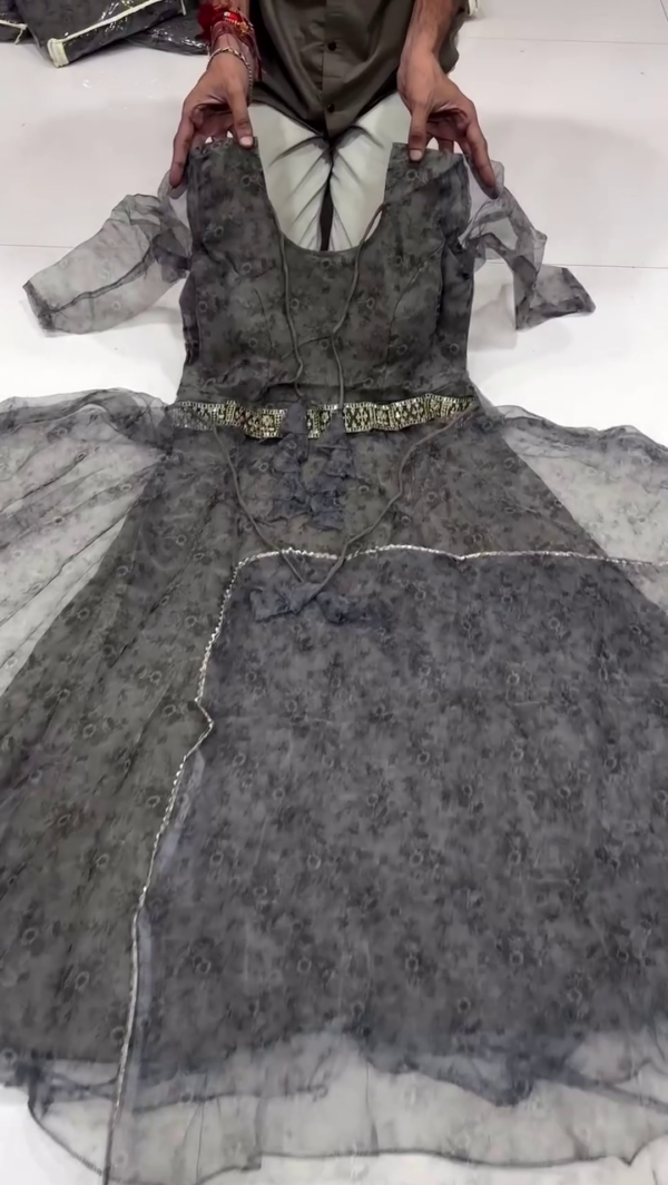 Designer Party Wear Gowns for Women and Girls – Premium Net and Silk Blend Fabric with Embroidered and Brocade Work, Includes Matching Sleeves and Stylish Belt – Perfect for Weddings, Festive Celebrations, and Special Occasions - Image 2