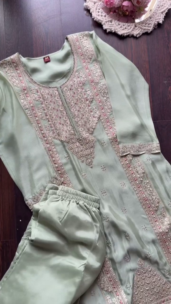 Pastel Green Georgette Suit Set with Heavy Zari, Sequin, and Thread Embroidery on Kurta Paired with Matching Embellished Dupatta and Graceful Detailing for a Regal Ethnic Ensemble - Image 2