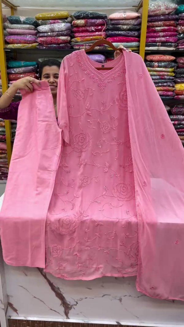 Graceful Baby Pink Straight-Cut Kurta Set with Tone-on-Tone Floral Thread Embroidery, Paired with Matching Bottom and Soft Chiffon Dupatta – Ideal for Elegant Festive or Daytime Occasions - Image 2