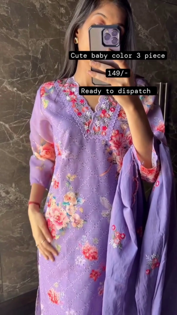 Lavender Baby Color Floral Embroidered Cotton 3-Piece Suit Set with Delicate Neck Detailing, Matching Printed Dupatta, and Soft Pastel Aesthetic – Ideal for Casual Outings and Summer Comfort - Image 2
