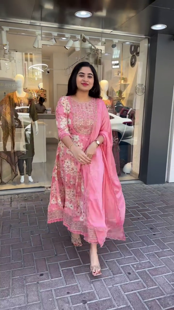 Floral Printed Anarkali Suit Set Featuring Intricately Embroidered Yoke, Paired with Matching Churidar and Embellished Dupatta – Ideal for Festive Celebrations, Daytime Functions, and Traditional Gatherings in Vibrant Teal and Soothing Pink Tones - Image 2