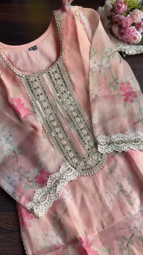 Embroidered Pakistani Style Peach Floral Suit Set with Pearl and Mirror Work Detailing, Delicate Lace Borders, and Coordinated Bottom – Elegant Festive and Ethnic Wear for Women - Image 2