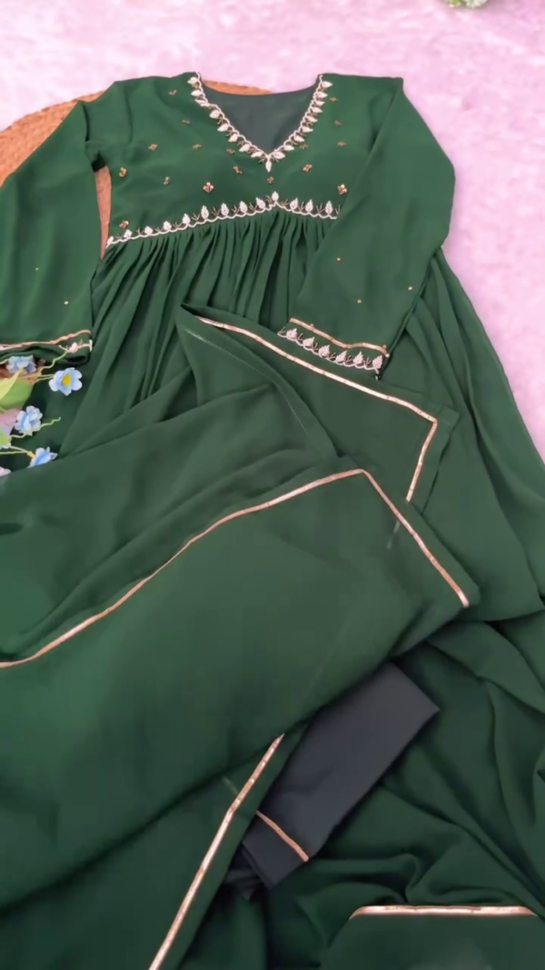 Bottle Green Georgette Anarkali Kurta Set with Intricate Golden Embroidery on Neckline and Sleeves, Paired with Matching Solid Bottom and Embellished Dupatta Featuring Delicate Lace Border – Perfect for Festive and Traditional Occasions - Image 2