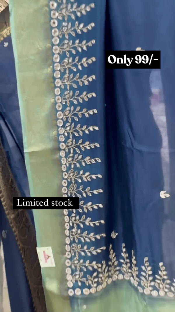 Elegant Dual-Tone Blue and Green Saree with Intricate Floral Zari Embroidery and Golden Woven Border – Perfect for Festive and Traditional Occasions - Image 2