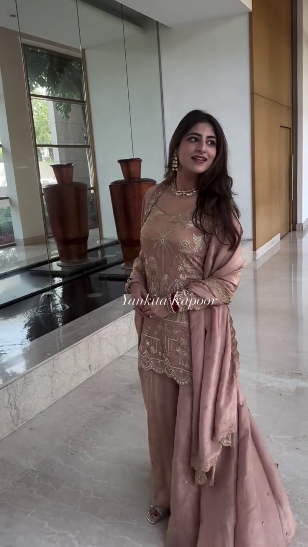 Dusty Rose Embroidered Sharara Set with Handcrafted Mirror Work, Scalloped Hem Kurti, Matching Dupatta, and Traditional Gold Detailing – Ideal for Festive and Wedding Occasions - Image 2