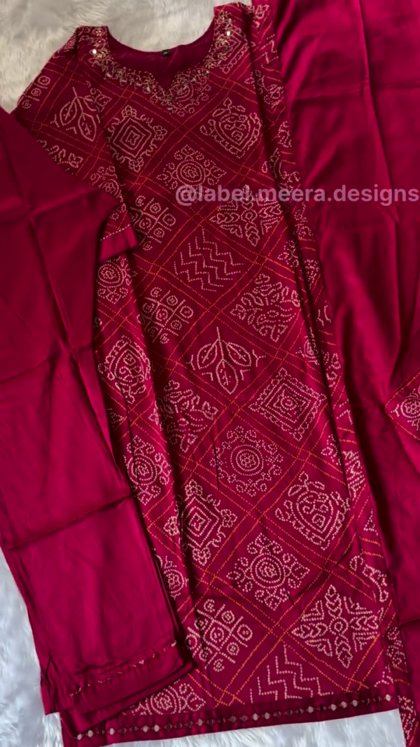 Pure Cotton Maroon Bandhani Printed Straight Kurta Set with Mirror Work Neck Detailing and Matching Bottom – Traditional Ethnic Ensemble Perfect for Festive and Casual Wear - Image 3