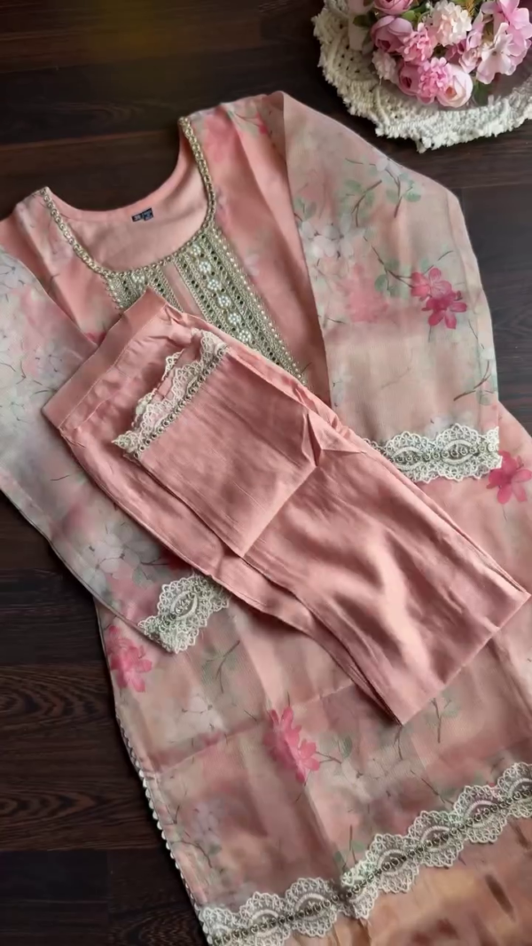 Embroidered Pakistani Style Peach Floral Suit Set with Pearl and Mirror Work Detailing, Delicate Lace Borders, and Coordinated Bottom – Elegant Festive and Ethnic Wear for Women - Image 3