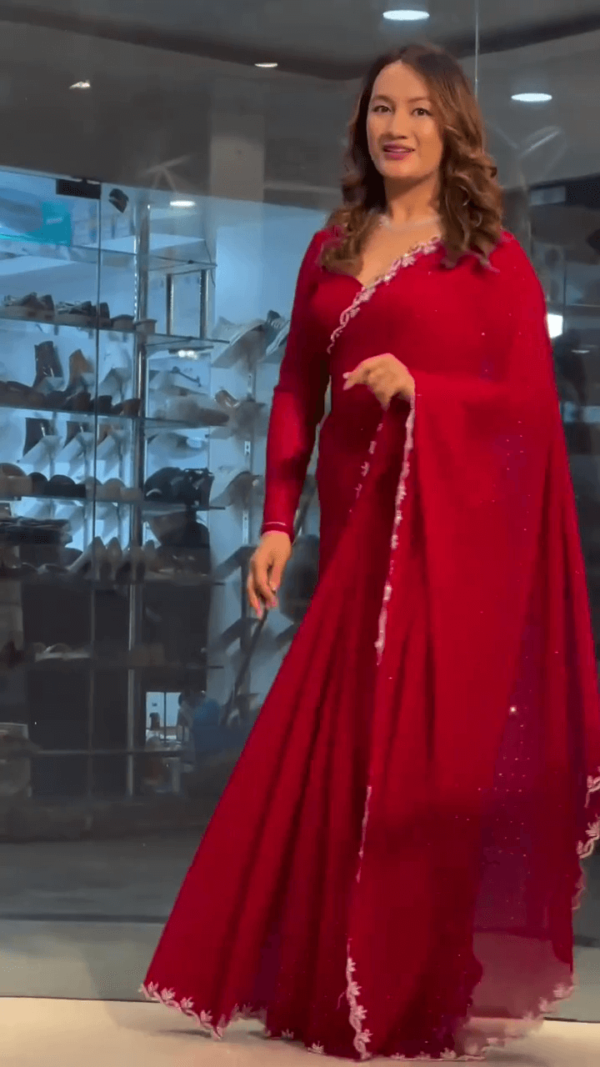 Red Georgette Saree with Intricate Stone Embellished Border and Matching Designer Blouse for Festive and Party Wear - Image 2