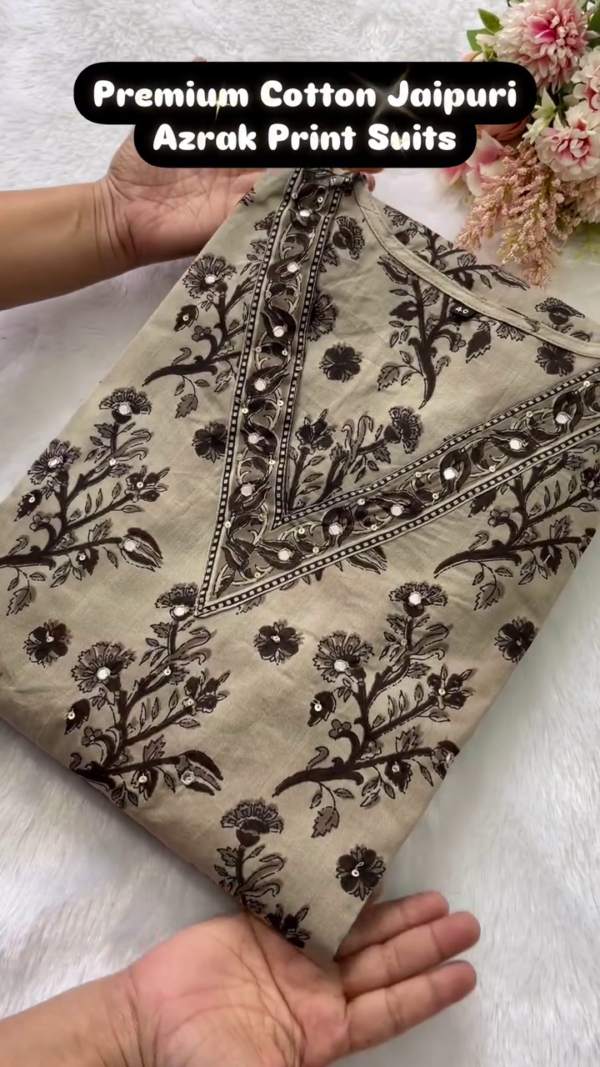 Premium Cotton Jaipuri Azrak Print Suit with Elegant Handcrafted Floral Design, Mirror Work Detailing, and Soft Comfortable Fabric for Everyday Ethnic Wear - Image 3