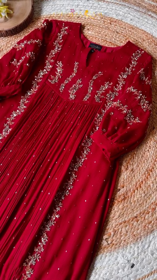 Maroon Hand-Embroidered Anarkali Dress with Intricate Floral Sequin Work, Pleated Detailing, and Full Sleeves – Designer Ethnic Wear by Chemparakam