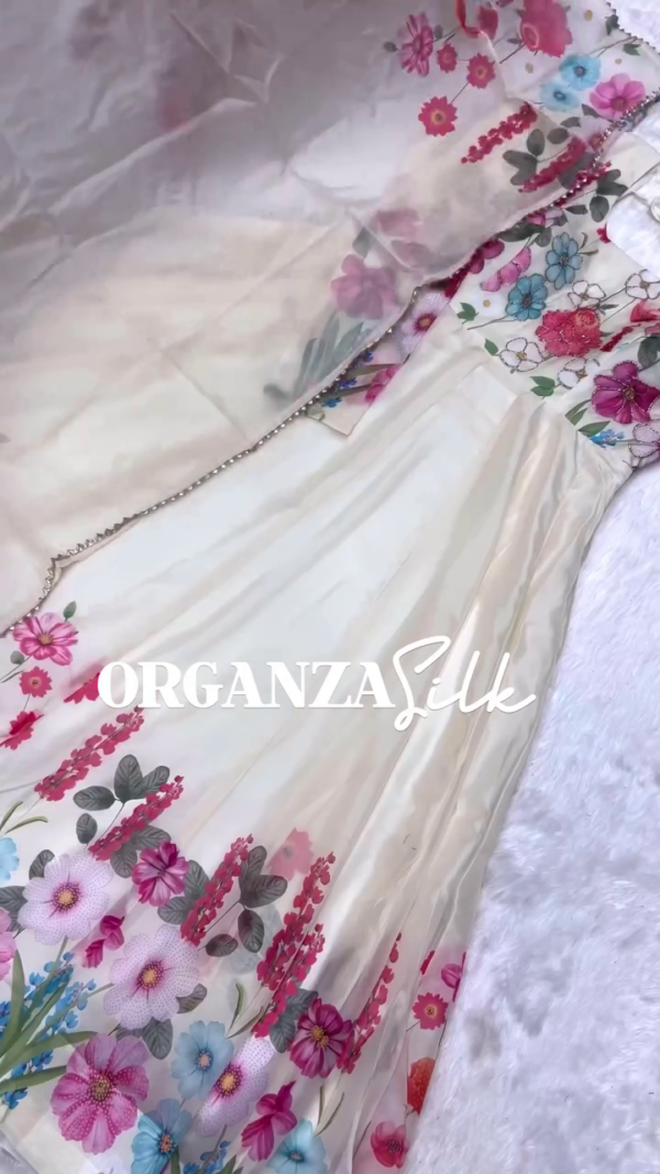 Floral Organza Silk Anarkali Suit Set with Intricate Multicolor Flower Print, Flowy Flared Gown Style, Matching Dupatta, and Delicate Neck Detailing – Available in Cream, Wine, Yellow, Green, and Black Shades for Festive, Wedding & Party Wear - Image 3