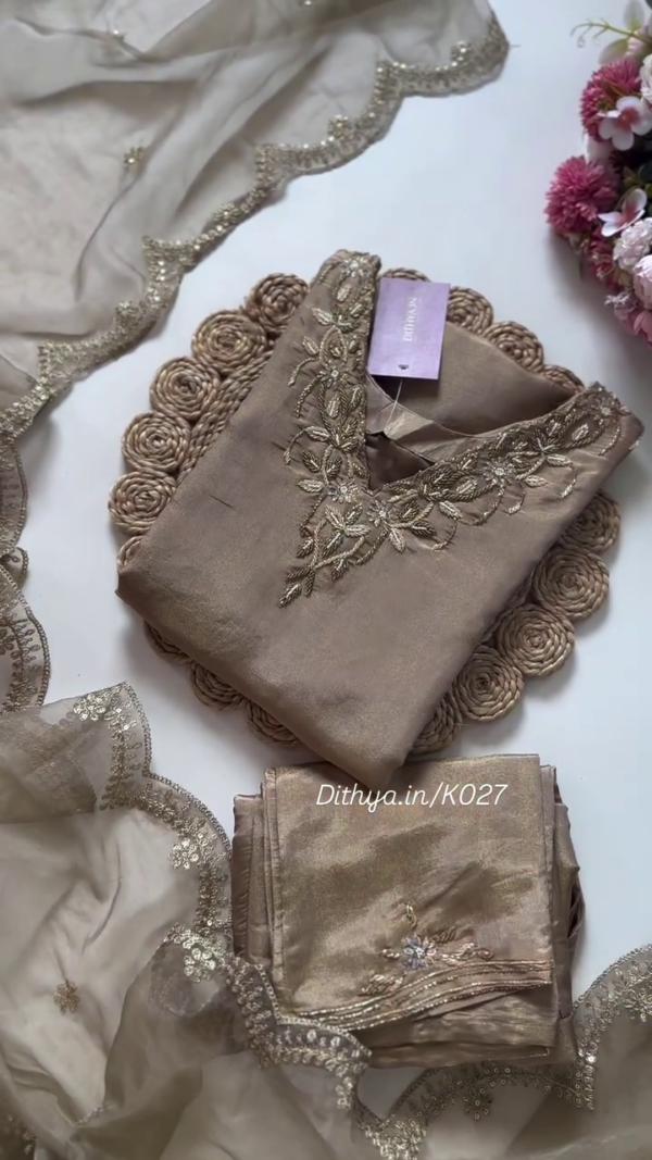 Golden Beige Silk Blend Suit Set Featuring Intricate Floral Thread and Sequin Embroidery on Neckline and Sleeves, Paired with a Coordinated Embellished Dupatta