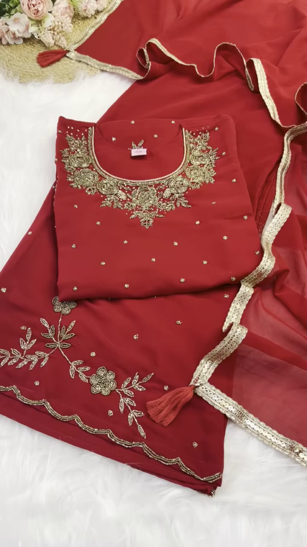 Georgette Suit Set with Heavy Golden Zari and Sequin Embroidery on Neckline, Sleeves, Dupatta and Hemline – Perfect for Festive and Wedding Occasions