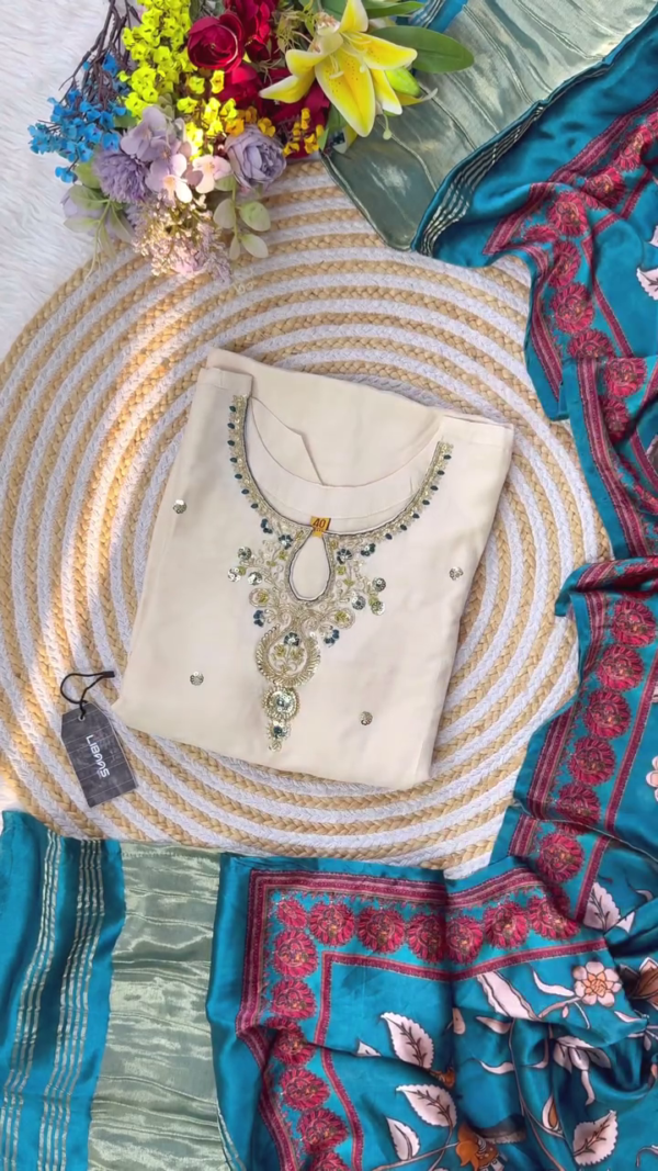 Beige Embroidered stitched Salwar Kameez Suit with Handwork Detailing and Contrasting Teal & Red Floral Printed Dupatta – Premium Festive and Party Wear by LSM Fabrics