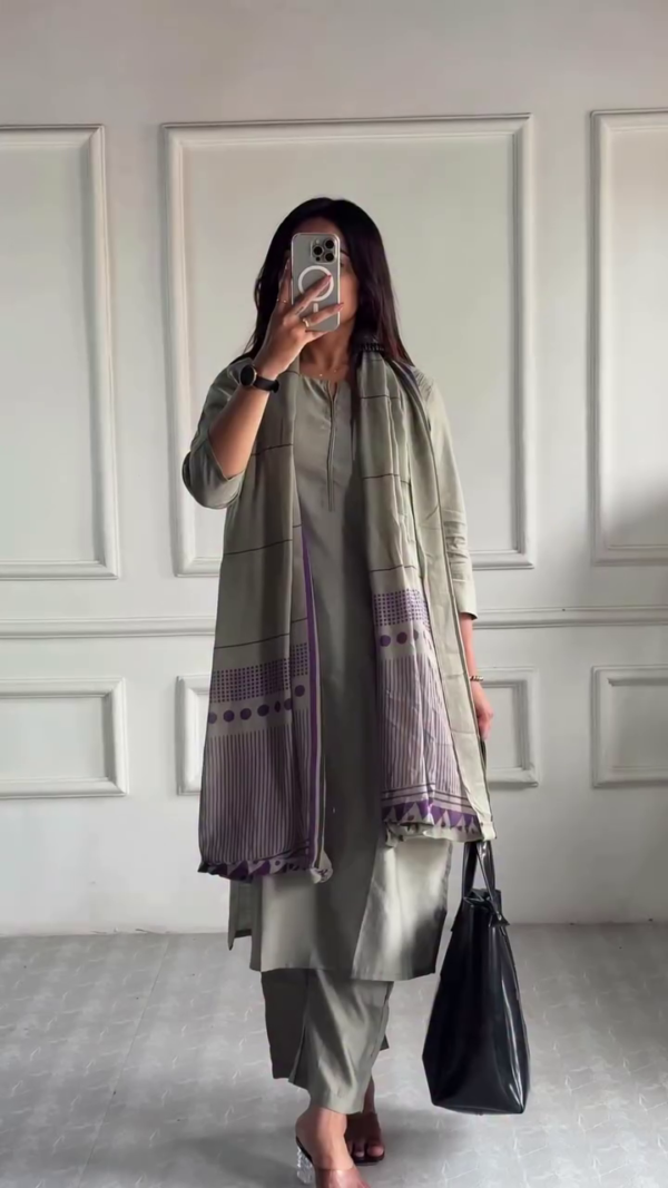 Cotton Kurta Set with Minimalist Design, Straight-Cut Pants and Printed Dupatta in Soft Earthy Tones – Perfect for Everyday Chic and Office Wear