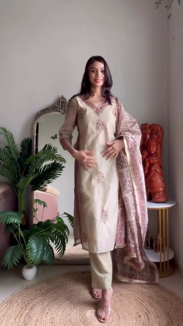 Cotton Kurta Set Featuring Subtle Thread Embroidery and Paired with a Printed Soft Dupatta In Multi Shades, Perfect for Effortless Everyday Elegance and Comfortable Ethnic Styling