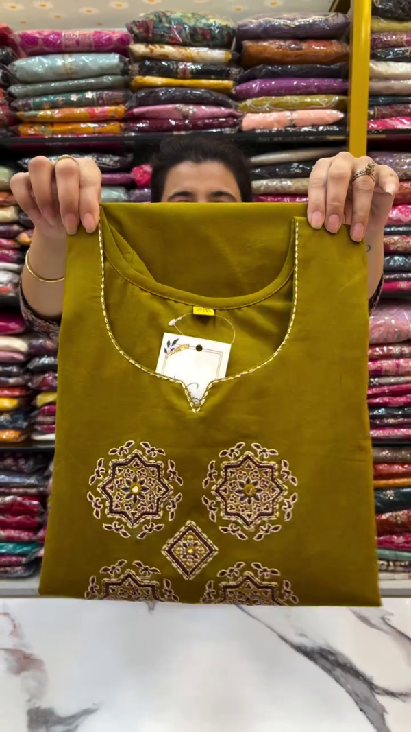 Traditional Olive Green Straight-Cut Kurta Set with Elegant Embroidery on Yoke, Paired with Matching Bottom and Rich Maroon-Golden Banarasi Style Dupatta – Ideal for Ethnic Gatherings and Festive Celebrations