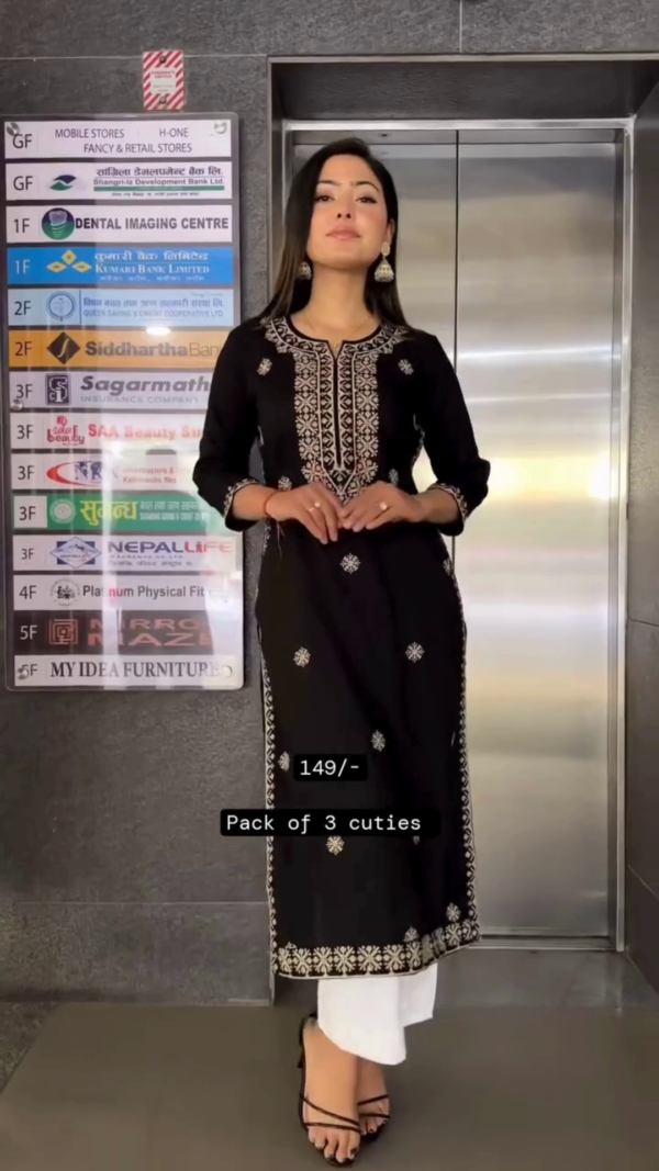 Straight-Cut Kurti with Intricate Beige Thread Embroidery on Neckline, Sleeves, and Hem, Paired with White Bottoms – Pack of 3 Comfortable and Stylish Daily Wear Ethnic Sets for a Graceful Look