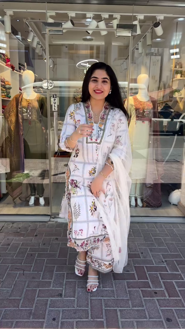 Graceful White Floral Printed Straight-Cut Suit Set Featuring Delicate Multicolor Botanical Motifs, Subtle Embroidery on Neckline and Sleeves, Paired with Coordinated Wide-Leg Pants and Sheer Dupatta – Perfect for Summer Gatherings, Festive Daywear, and Elegant Ethnic Outings - Image 2