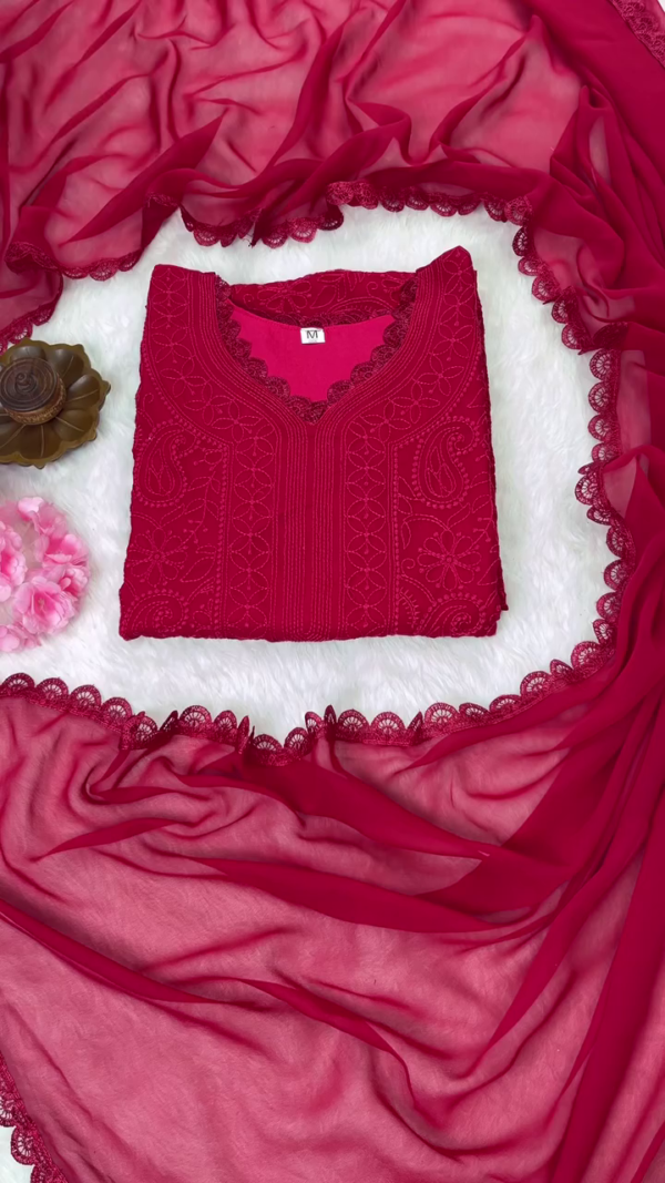Deep Maroon Chikankari Embroidered Straight Kurta Set Featuring Intricate Floral and Paisley Thread Work with Scalloped Edges, Paired with Matching Solid Bottom and Lightweight Sheer Dupatta – Perfect for Festive and Ethnic Occasions