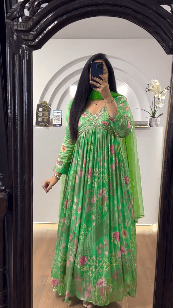 Multi-Color Anarkali Suit Set for Women Featuring Floral Prints, Embroidered Neckline, and Net Dupatta – Available in Green, Pink, and Purple