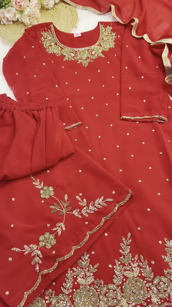 Georgette Suit Set with Heavy Golden Zari and Sequin Embroidery on Neckline, Sleeves, Dupatta and Hemline – Perfect for Festive and Wedding Occasions - Image 2