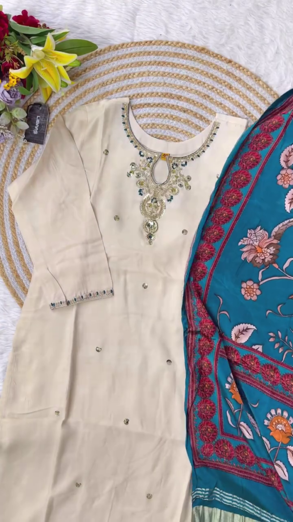 Beige Embroidered stitched Salwar Kameez Suit with Handwork Detailing and Contrasting Teal & Red Floral Printed Dupatta – Premium Festive and Party Wear by LSM Fabrics - Image 2