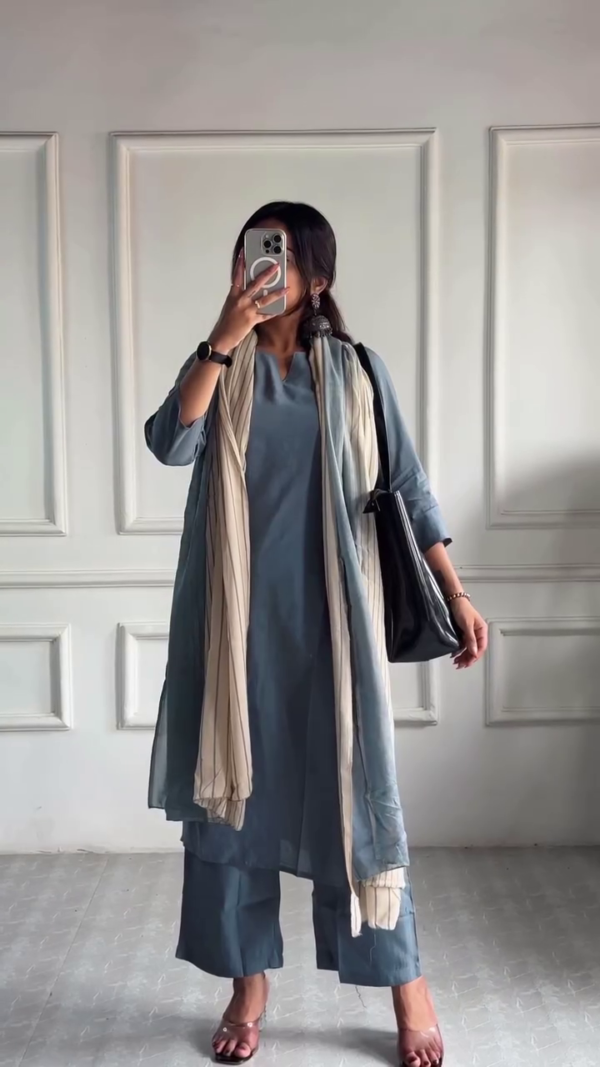 Cotton Kurta Set with Minimalist Design, Straight-Cut Pants and Printed Dupatta in Soft Earthy Tones – Perfect for Everyday Chic and Office Wear - Image 2