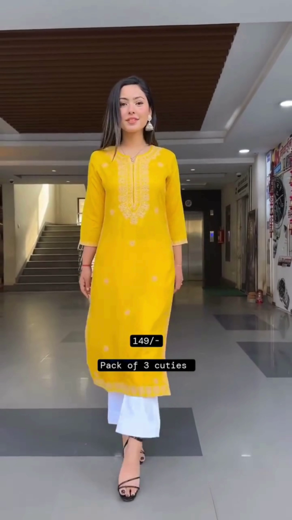 Straight-Cut Kurti with Intricate Beige Thread Embroidery on Neckline, Sleeves, and Hem, Paired with White Bottoms – Pack of 3 Comfortable and Stylish Daily Wear Ethnic Sets for a Graceful Look - Image 2