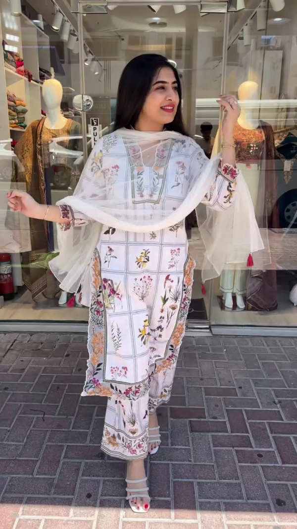 Graceful White Floral Printed Straight-Cut Suit Set Featuring Delicate Multicolor Botanical Motifs, Subtle Embroidery on Neckline and Sleeves, Paired with Coordinated Wide-Leg Pants and Sheer Dupatta – Perfect for Summer Gatherings, Festive Daywear, and Elegant Ethnic Outings