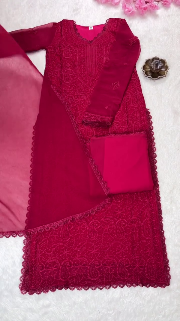 Deep Maroon Chikankari Embroidered Straight Kurta Set Featuring Intricate Floral and Paisley Thread Work with Scalloped Edges, Paired with Matching Solid Bottom and Lightweight Sheer Dupatta – Perfect for Festive and Ethnic Occasions - Image 2