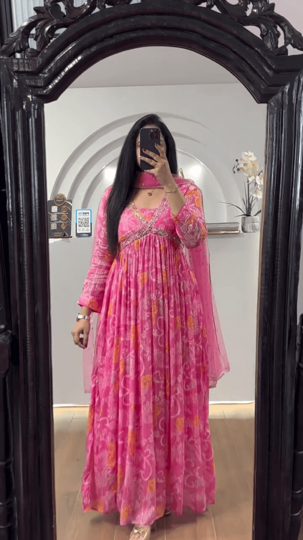 Multi-Color Anarkali Suit Set for Women Featuring Floral Prints, Embroidered Neckline, and Net Dupatta – Available in Green, Pink, and Purple - Image 2