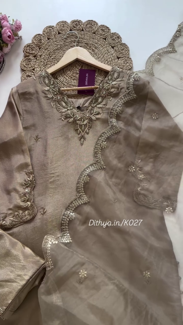 Golden Beige Silk Blend Suit Set Featuring Intricate Floral Thread and Sequin Embroidery on Neckline and Sleeves, Paired with a Coordinated Embellished Dupatta - Image 2