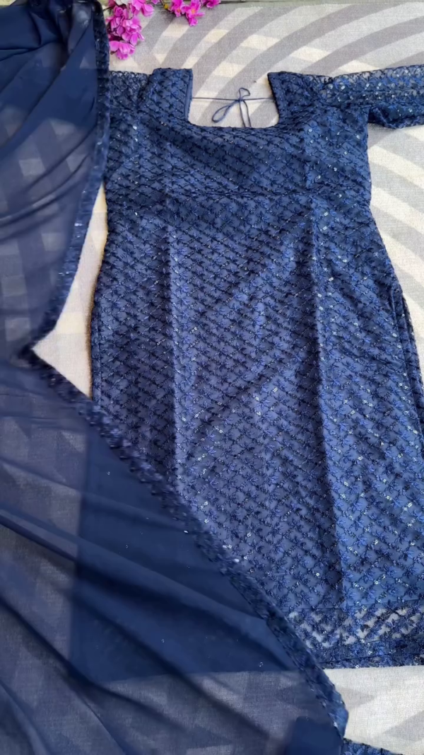 Designer Navy Blue Sequins Embroidered Kurti Set with Matching Sheer Dupatta and Stylish Back Tie-Up Detailing, Featuring All-Over Intricate Thread Work and Elegant Sequin Embellishments – Ideal for Festive Celebrations, Traditional Functions, Ethnic Gatherings, and Party Wear Styling - Image 2