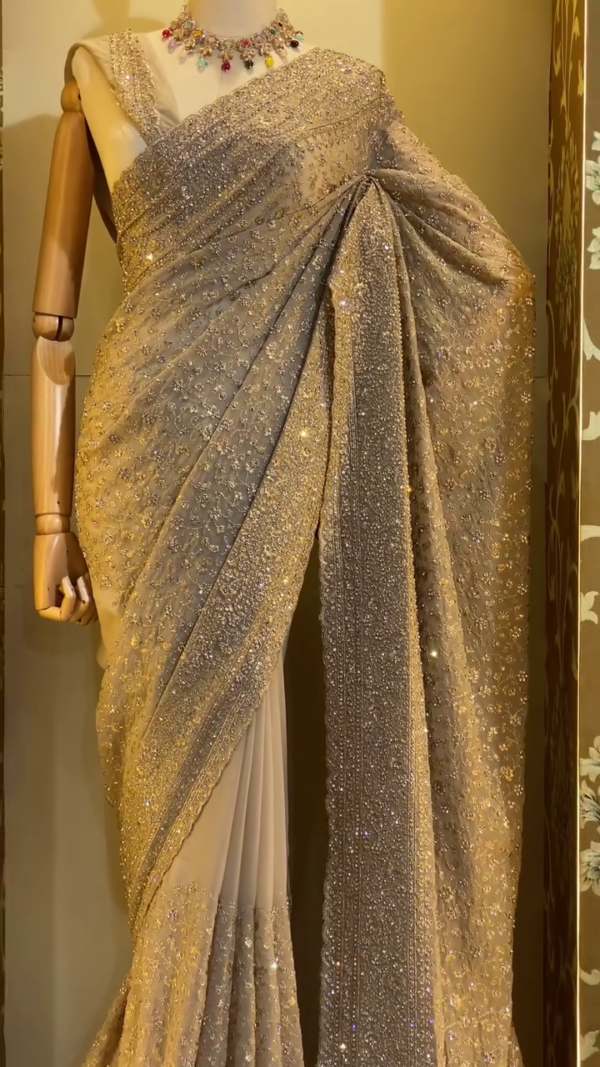Exquisite Designer Champagne Gold Sequin Embroidered Net Saree with Heavy Blouse and Intricate Stone Work – Perfect for Weddings, Receptions, and Grand Celebrations - Image 2