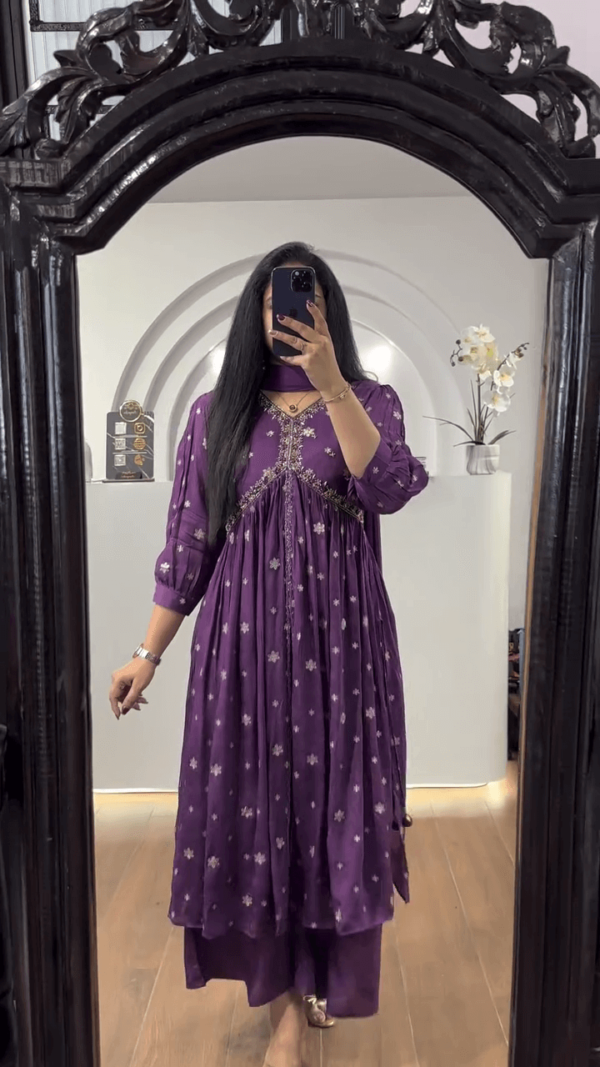 Multi-Color Anarkali Suit Set for Women Featuring Floral Prints, Embroidered Neckline, and Net Dupatta – Available in Green, Pink, and Purple - Image 3