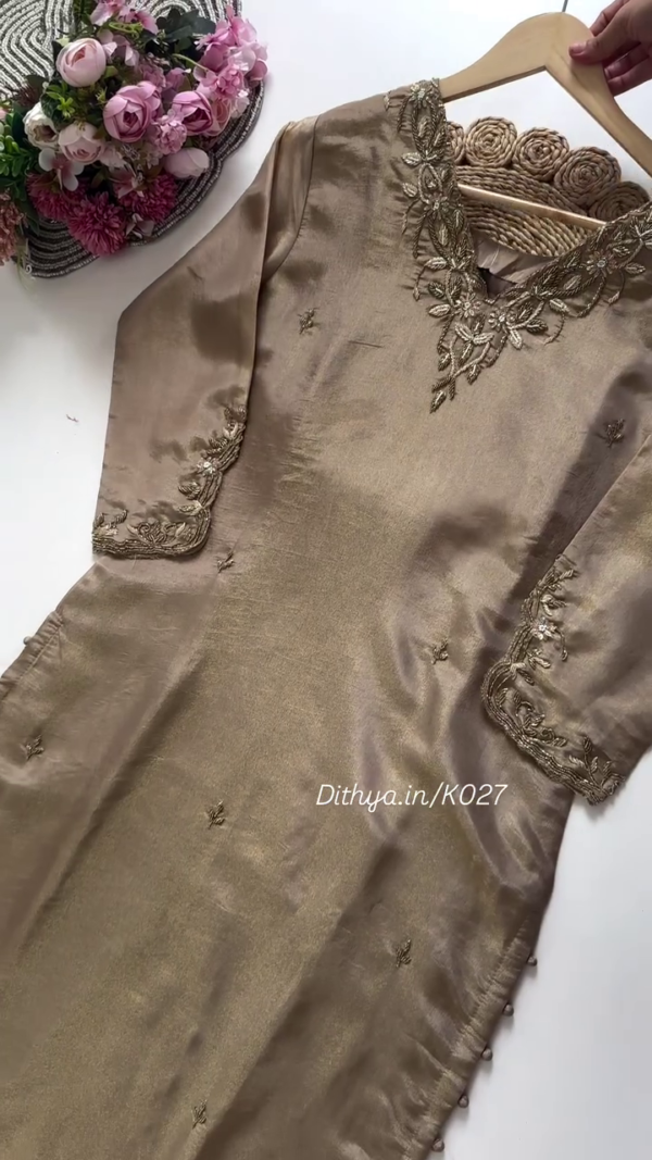 Golden Beige Silk Blend Suit Set Featuring Intricate Floral Thread and Sequin Embroidery on Neckline and Sleeves, Paired with a Coordinated Embellished Dupatta - Image 3