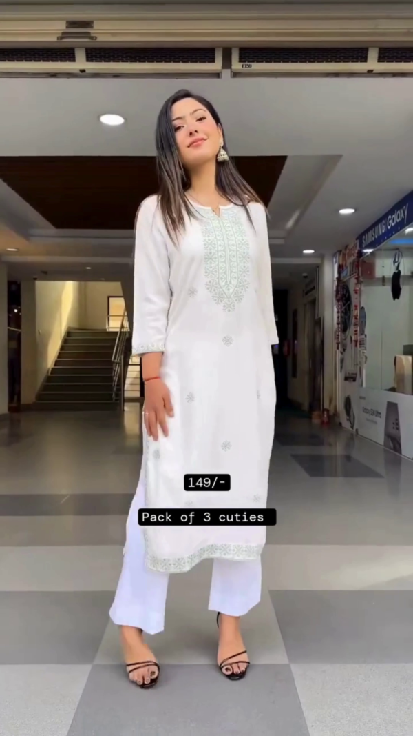 Straight-Cut Kurti with Intricate Beige Thread Embroidery on Neckline, Sleeves, and Hem, Paired with White Bottoms – Pack of 3 Comfortable and Stylish Daily Wear Ethnic Sets for a Graceful Look - Image 3