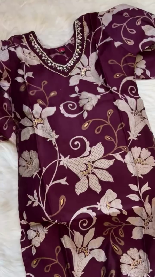 Wine Purple Floral Printed Cotton Suit Set with Embroidered Neckline, Solid Bottom and Striped Dupatta – Festive and Casual Wear Ensemble - Image 2