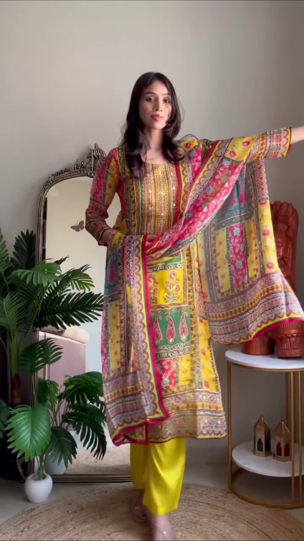 Vibrant Multicolor Ethnic Suit Set Combo Featuring One Yellow Printed Kurta with Artistic Motifs and Coordinated Dupatta, and One Red Kurta with Subtle Geometric Prints Paired with a Colorful Contrasting Dupatta — Perfect for Festive Celebrations and Everyday Chic Style