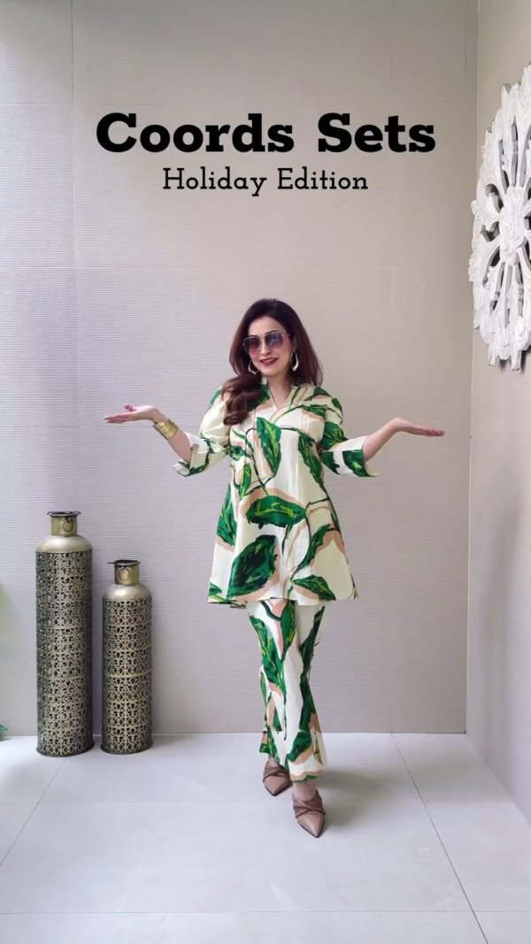 Tropical Leaf Print Co-ord Set Featuring a Breezy A-Line Top with V-Neck and Flowy Straight Pants – Perfect for Stylish, Relaxed Holiday Vibes and Resort Getaways