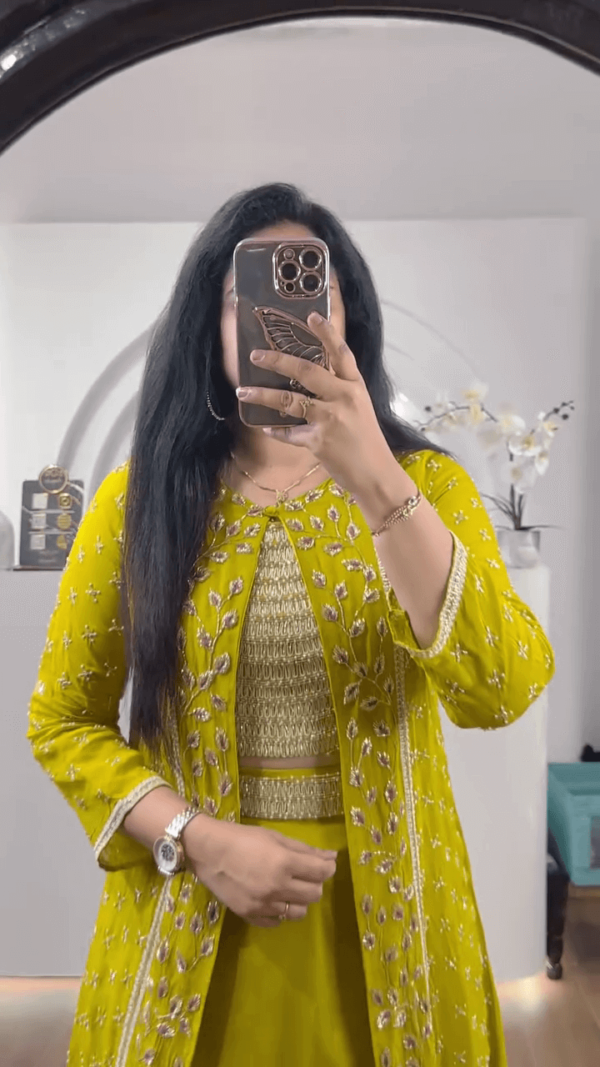 Yellow Embroidered Georgette Jacket Style Lehenga Set with Mirror Work Crop Top and Flared Skirt for Festive and Wedding Occasions - Image 2