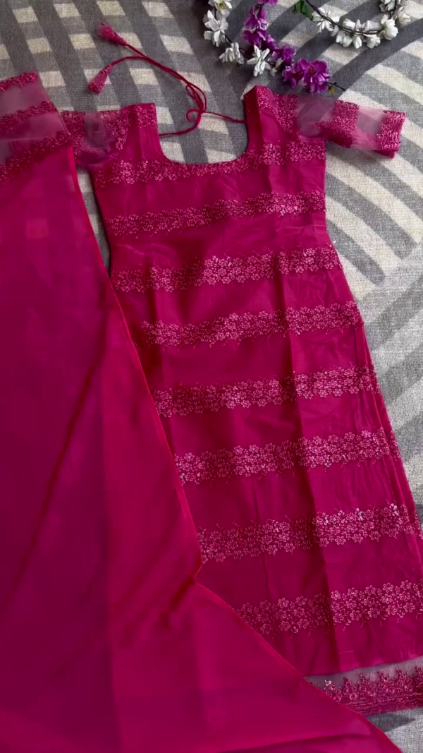 Magenta Pink Floral Embroidered Organza Kurti with Matching Dupatta – Designer Ethnic Wear for Festive and Special Occasions