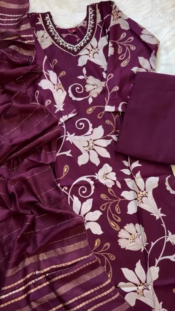 Wine Purple Floral Printed Cotton Suit Set with Embroidered Neckline, Solid Bottom and Striped Dupatta – Festive and Casual Wear Ensemble